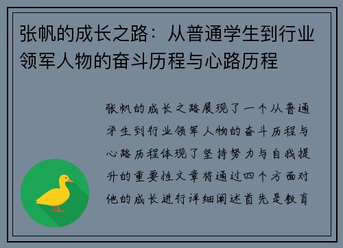 张帆的成长之路：从普通学生到行业领军人物的奋斗历程与心路历程